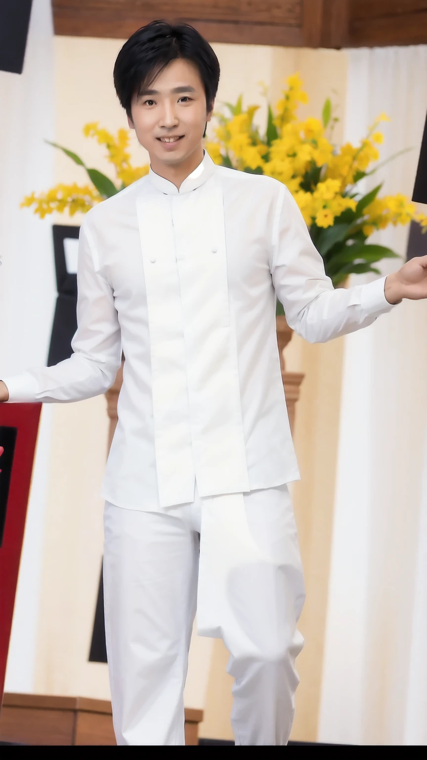 35-year-old man, Soft headlights,High-density imaging,((Slim face)),((Slender face)),((Black suit)),((White shirt)),((Various dynamic poses)),((Full body image)),((Smile)),((Background is white curtain)),best quality,masterpiece,(Soft colors:1.2)