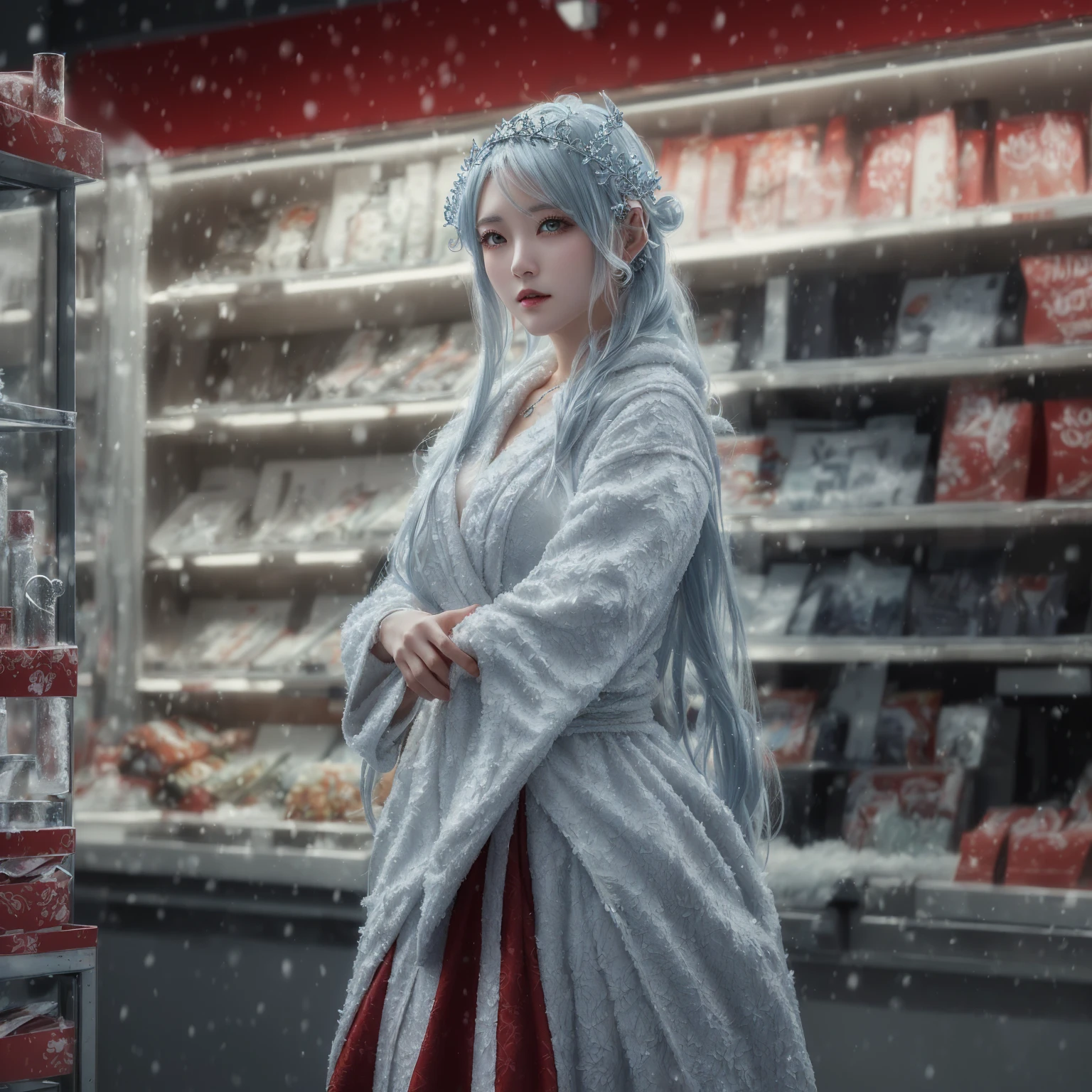 A woman in a white robe is standing inside the store., A mix of anime style and Fujifilm, Fantasy Character Pictures, Winter Goddess, Ice Queen, Cosplay Photo, Ice Mage, Anime Girl Cosplay, Winter Queen, Beautiful ancient frost witch, Queen of Ice and Storm, cold snowy, Cinematic. Ren Jun, cold, fantasy photography
