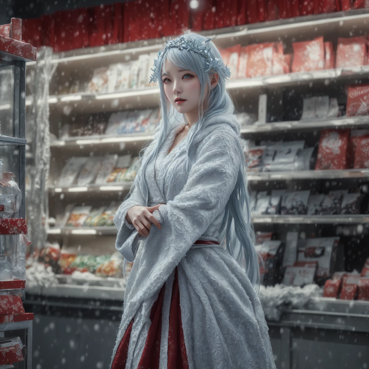 A woman in a white robe is standing inside the store., A mix of anime style and Fujifilm, Fantasy Character Pictures, Winter Goddess, Ice Queen, Cosplay Photo, Ice Mage, Anime Girl Cosplay, Winter Queen, Beautiful ancient frost witch, Queen of Ice and Storm, cold snowy, Cinematic. Ren Jun, cold, fantasy photography