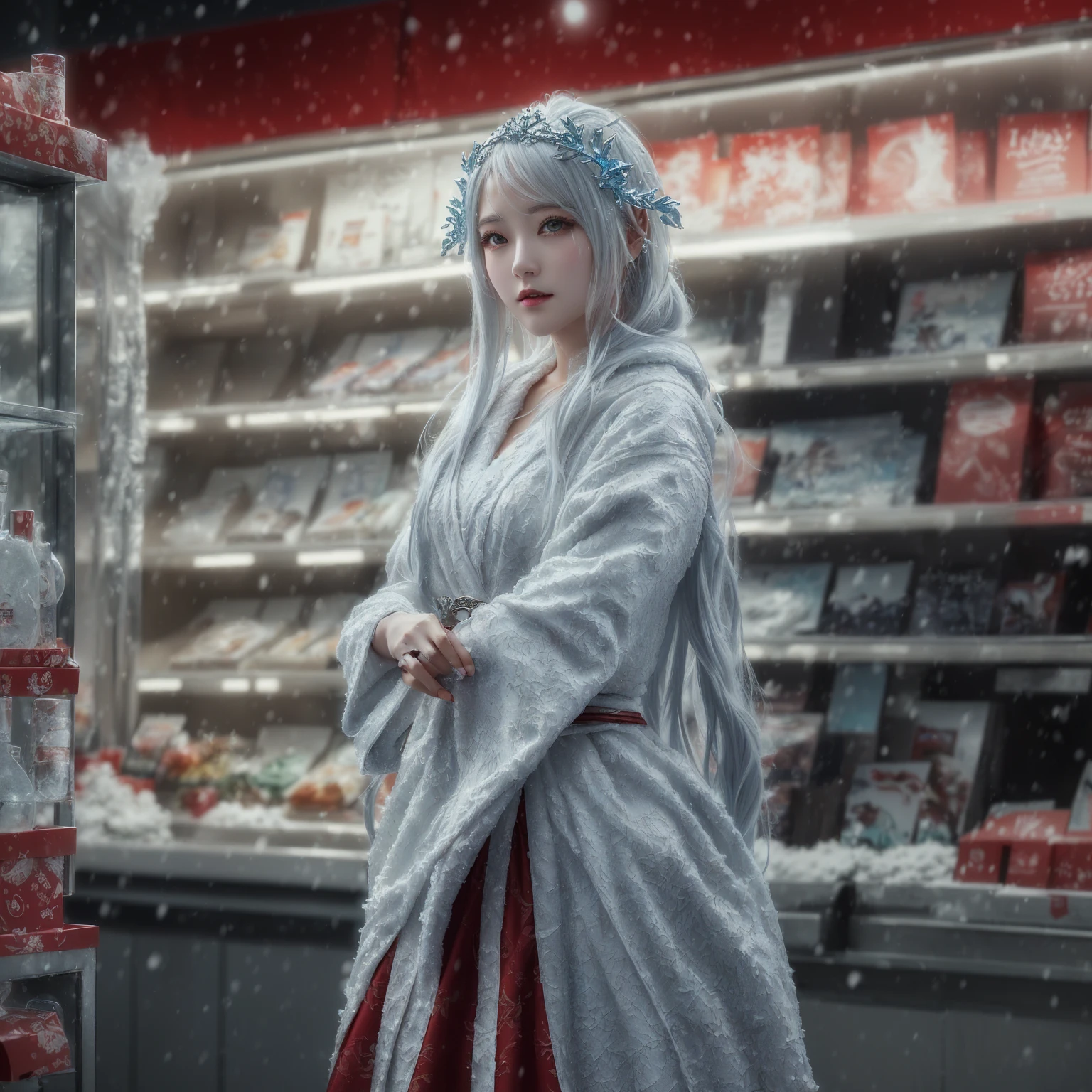 A woman in a white robe is standing inside the store., A mix of anime style and Fujifilm, Fantasy Character Pictures, Winter Goddess, Ice Queen, Cosplay Photo, Ice Mage, Anime Girl Cosplay, Winter Queen, Beautiful ancient frost witch, Queen of Ice and Storm, cold snowy, Cinematic. Ren Jun, cold, fantasy photography