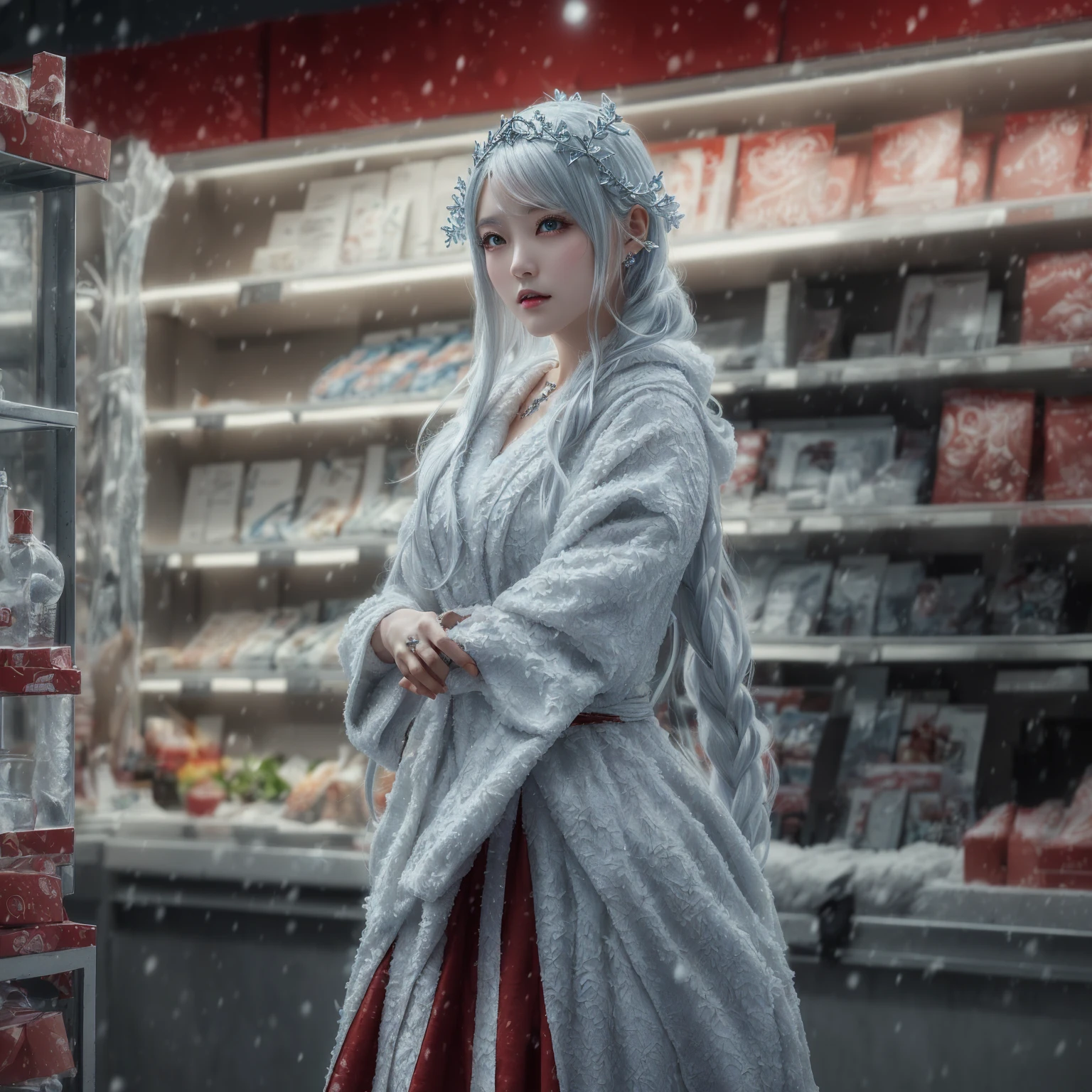 A woman in a white robe is standing inside the store., A mix of anime style and Fujifilm, Fantasy Character Pictures, Winter Goddess, Ice Queen, Cosplay Photo, Ice Mage, Anime Girl Cosplay, Winter Queen, Beautiful ancient frost witch, Queen of Ice and Storm, cold snowy, Cinematic. Ren Jun, cold, fantasy photography