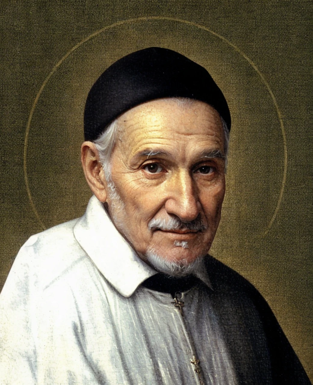 Saint Vincent de Paul, man, 60 years, eyes on the tray in your hand, slender and graceful, beautiful, countryside in a medieval setting, Ultra Sharp Focus, tetradic colors