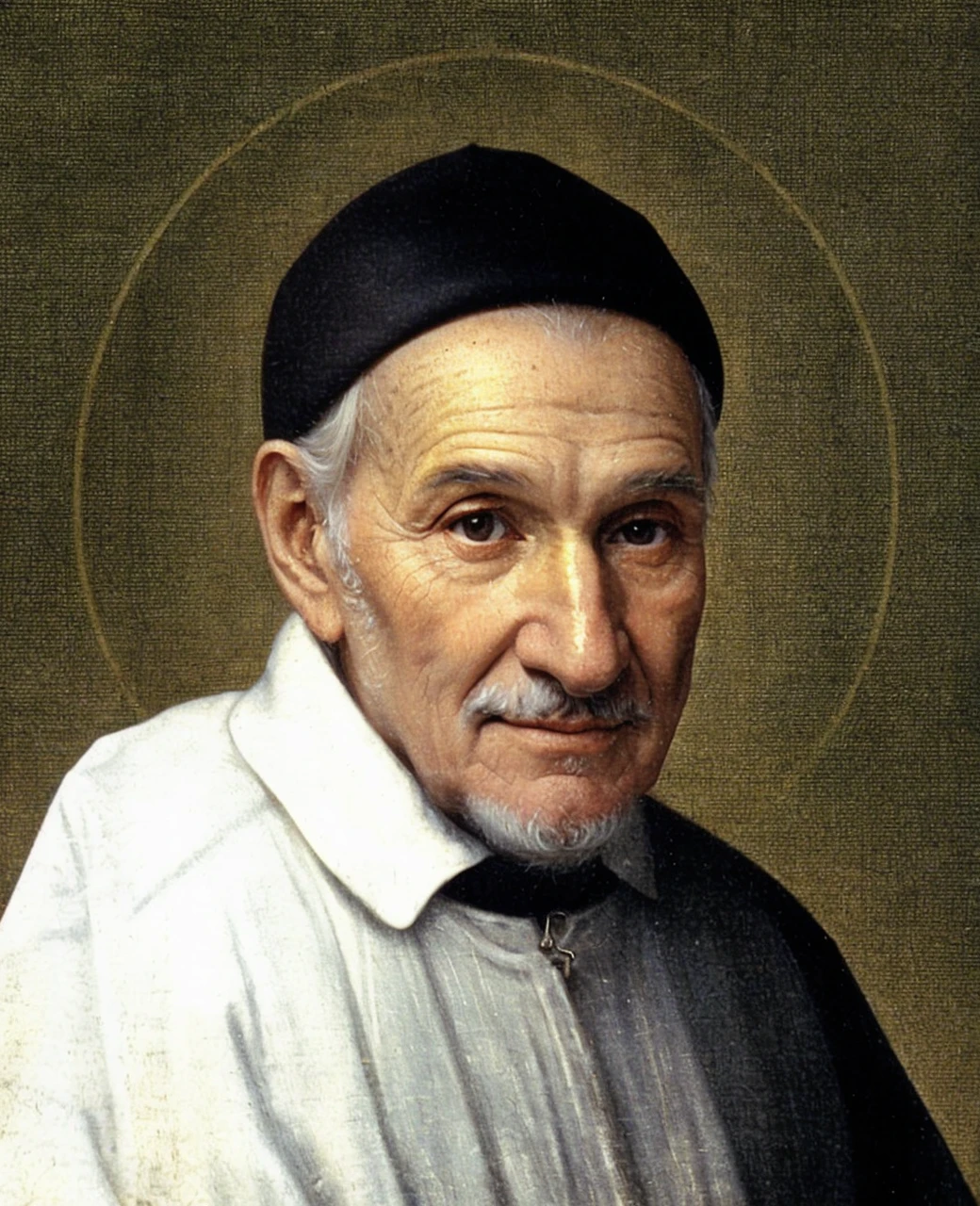 Saint Vincent de Paul, man, 60 years, eyes on the tray in your hand, slender and graceful, beautiful, countryside in a medieval setting, Ultra Sharp Focus, tetradic colors