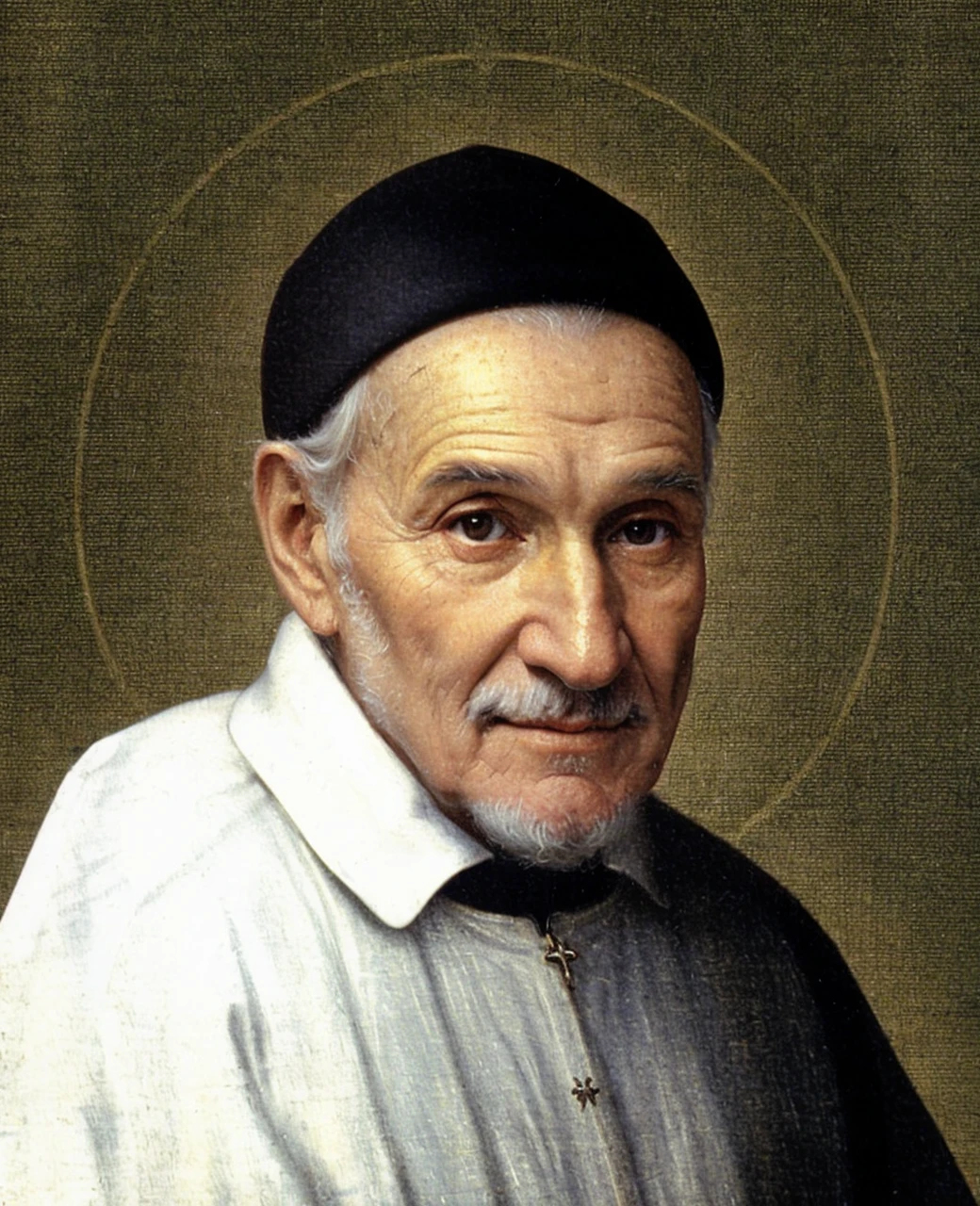Saint Vincent de Paul, man, 60 years, eyes on the tray in your hand, slender and graceful, beautiful, countryside in a medieval setting, Ultra Sharp Focus, tetradic colors