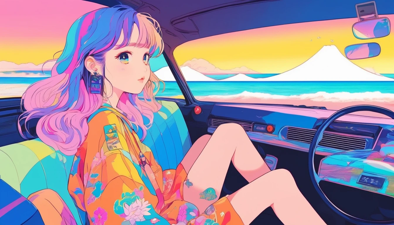 masterpiece, Highest quality, Rainbow Style, anime, Beautiful Asian Girl, K-Pop aesthetics and style, tattoo, tattoo - inspired, Sitting in a car, 80s American hippie style, Along the Hawaiian Coast, Cute and dreamy,anime,Illustrator,LOFI Girl,スタジオジブリ,ジブリスタイル