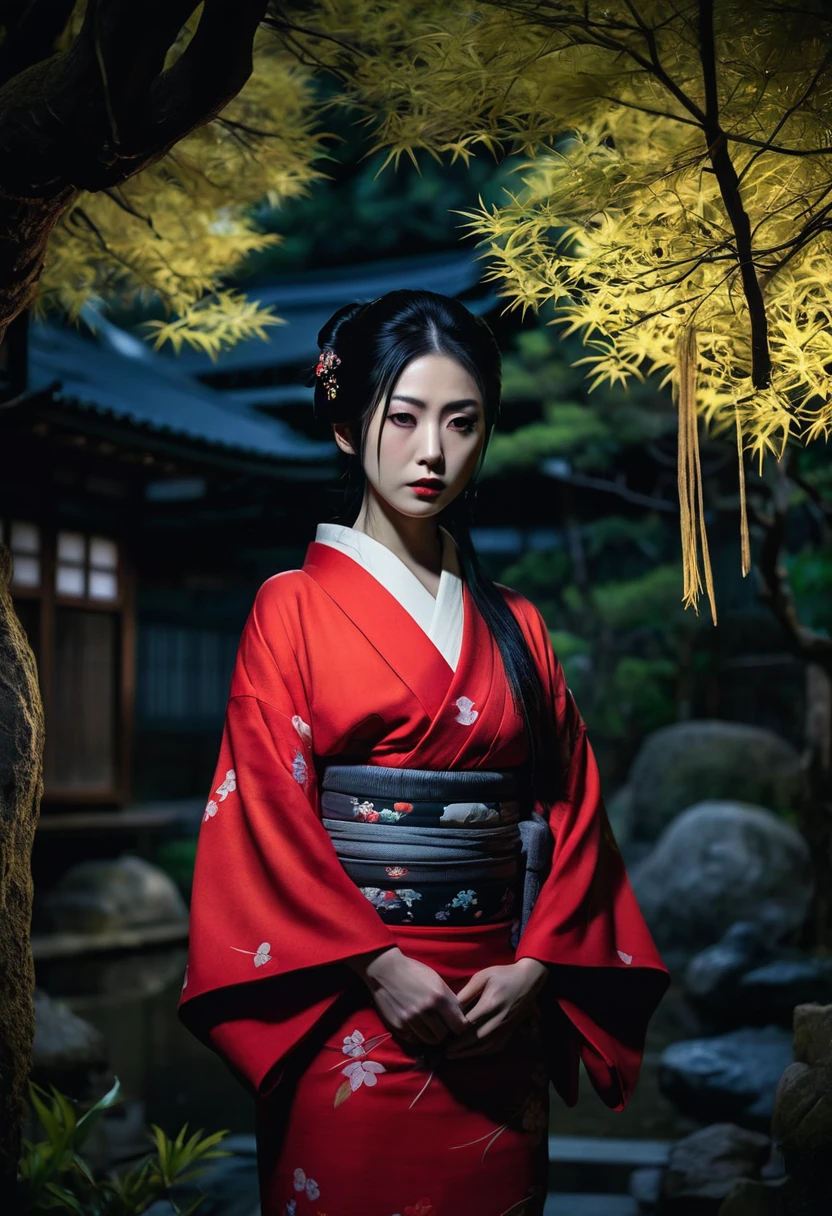 Gloomy Japanese-style horror photos。A woman in a red kimono stands in a dimly lit garden.。Has long black hair、It's a very beautiful face、His face is pale and lifeless with a blank look on his face.。
