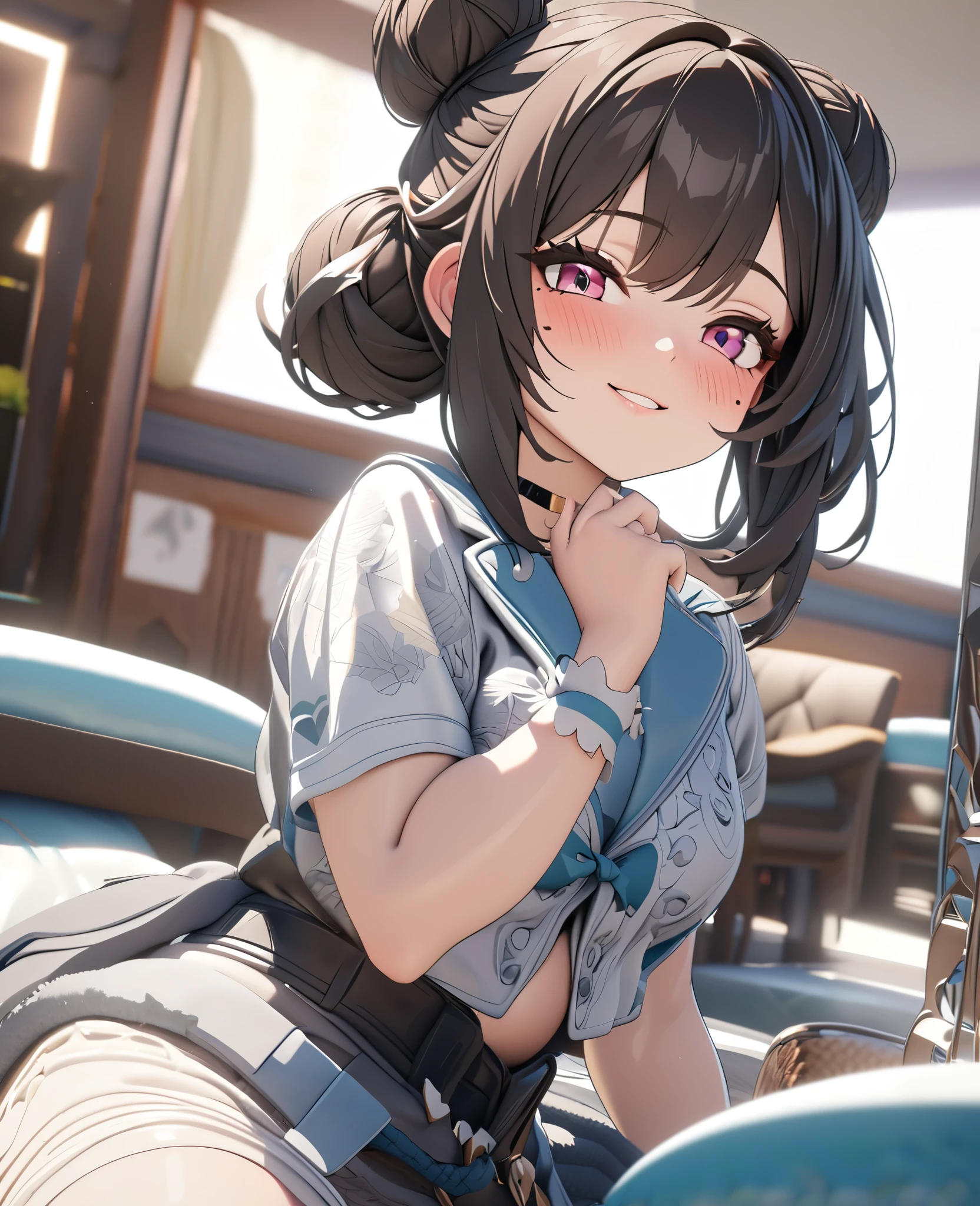 masterpiece, best quality, highly detailed, high resolution, expensive resolution, high resolution, 4K, 8k, uniform 8k wallpaper, highly detailed CG, masterpiece, 2D, 3D, beautiful details, depth, fine texture, best quality: 1.3, perfectly focused, crispy. skin, him, very cute anime girl, Her name is Mei, idol, Dark brown double hair buns wearing expensive, mole under eye, looking at the viewer, cowboy short, expensive, blush, mole, plump lips, heart, pink eyes, heart shaped choker, smile