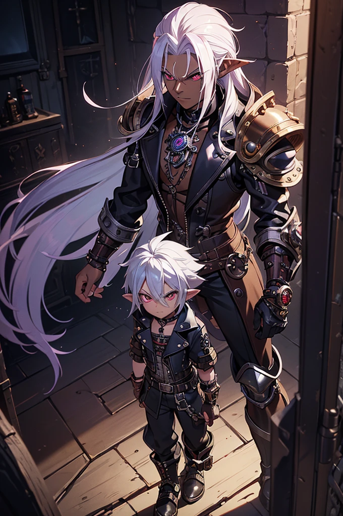 (best quality)), ((masterpiece)), (detailed), ((boy)), ((mix between dungeonpunk and steampunk)), (serious), dark skinned, human, full body, red eyes, long white hair, Xemnas from Kingdom Hearts, half-drow, pointy ears, serious face, dramatic lighting, purple hue, art by Kinema Citrus and Tetsuya Nomura