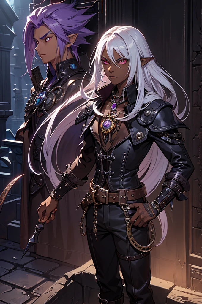 (best quality)), ((masterpiece)), (detailed), ((boy)), ((mix between dungeonpunk and steampunk)), (serious), dark skinned, human, full body, red eyes, long white hair, Xemnas from Kingdom Hearts, half-drow, pointy ears, serious face, dramatic lighting, purple hue, art by Kinema Citrus and Tetsuya Nomura
