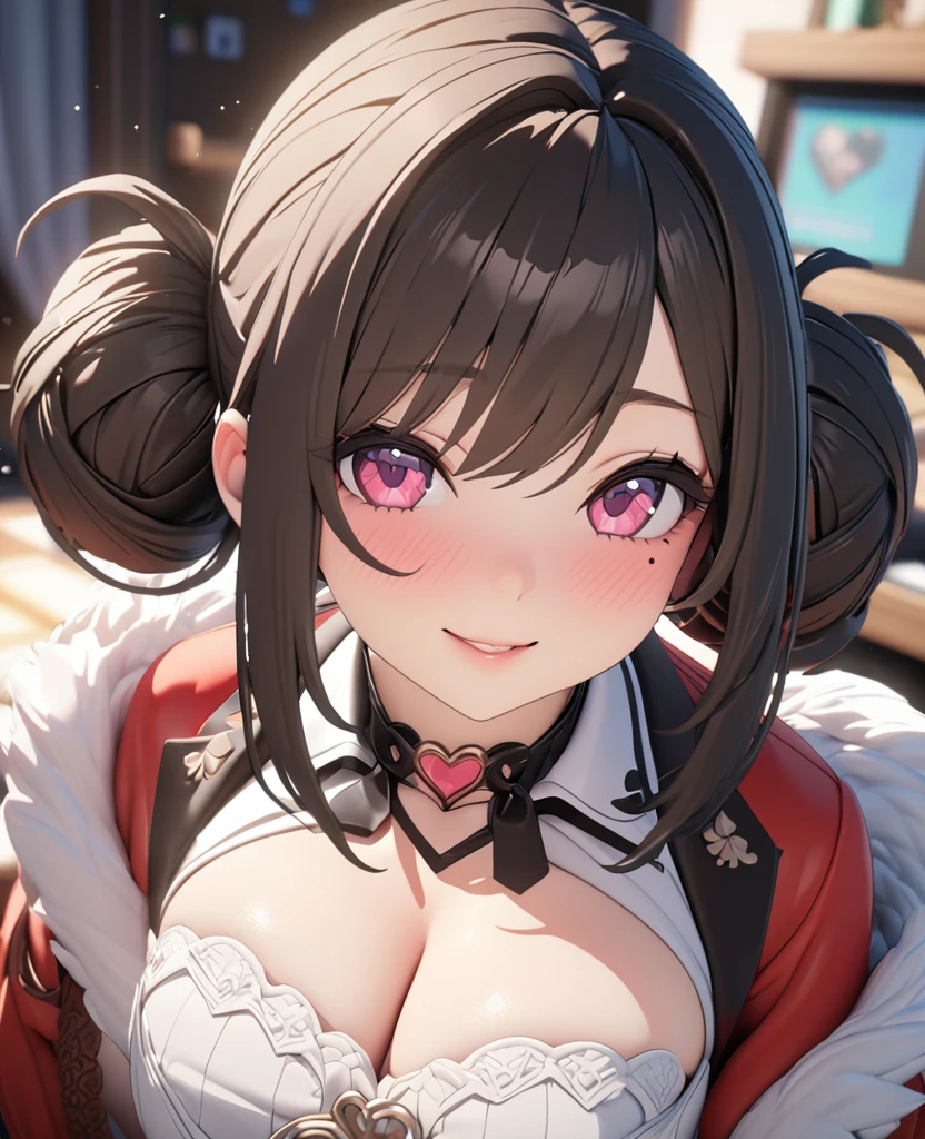 masterpiece, best quality, highly detailed, high resolution, expensive resolution, high resolution, 4K, 8k, uniform 8k wallpaper, highly detailed CG, masterpiece, 2D, 3D, beautiful details, depth, fine texture, best quality: 1.3, perfectly focused, crispy. skin, him, very cute anime girl, Her name is Mei, idol, Dark brown double hair buns wearing expensive, mole under eye, looking at the viewer, cowboy short, expensive, blush, mole, plump lips, heart, pink eyes, heart shaped choker, smile