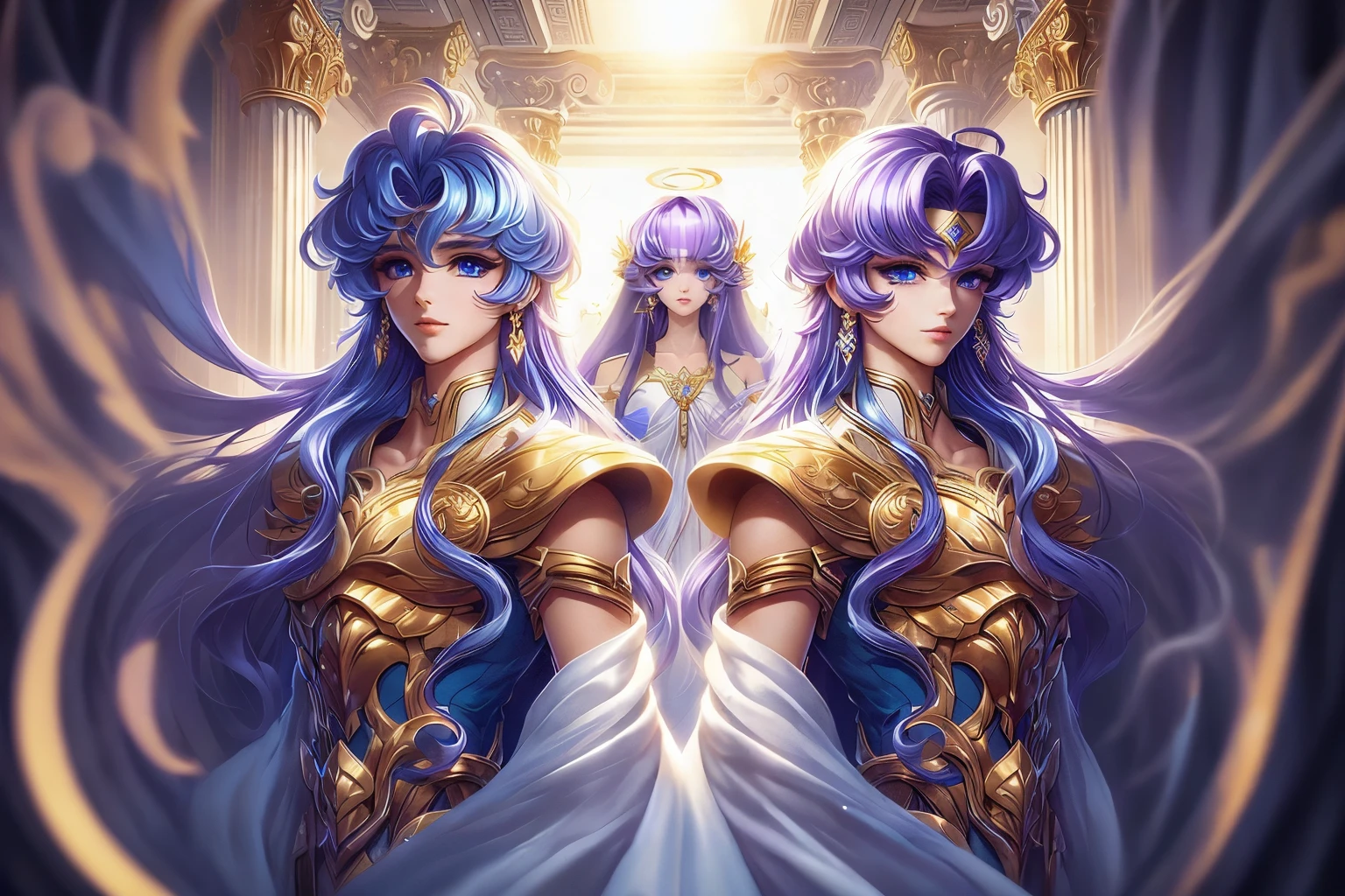 Bangs completely cover the forehead，long straight purple hair