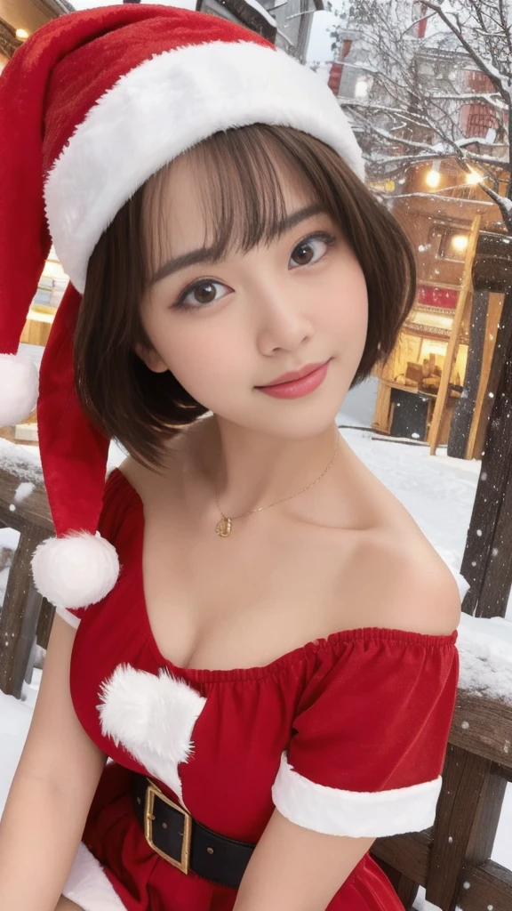 1girl, (santa claus costume slim fit:1.75), symmetry,(Cute ultra young girl:2.0),(ultra short hair:1.75), ultra big smile, (Beautiful large round droped detailed eyes:1.75), beautiful detailed lips, (extremely detailed beautiful face, natural makeup, Incredibly beautiful skin:2.0), (best quality,4k,8k,highres,masterpiece:2.0),(ultra-detailed,realistic,photorealistic,photo-realistic:1.75),professional,vivid colors,studio lighting,(snowing night town,christmas eve:1.25)