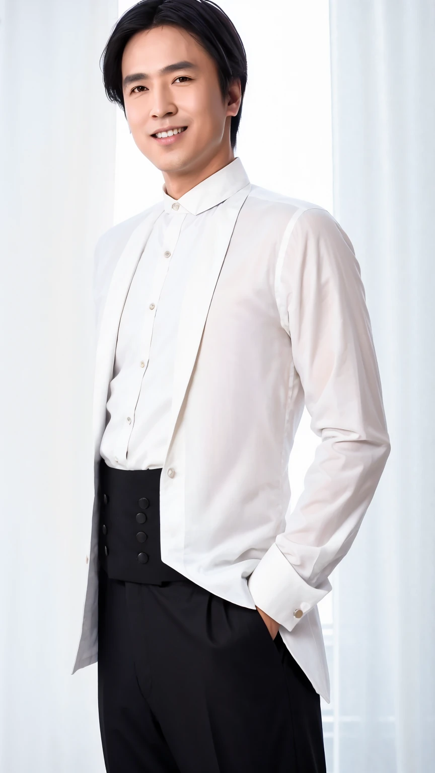 35-year-old man, Soft headlights,High-density imaging,((Slim face)),((Slender face)),((Black suit)),((White shirt)),((Various dynamic poses)),((Full body image)),((Smile)),((Background is white curtain)),best quality,masterpiece,(Soft colors:1.2)