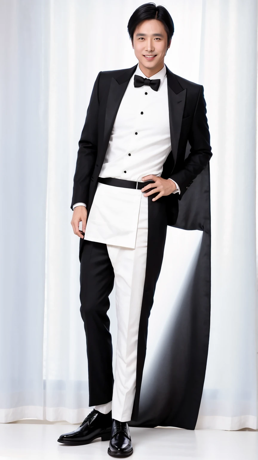 35-year-old man, Soft headlights,High-density imaging,((Slim face)),((Slender face)),((Black suit)),((White shirt)),((Various dynamic poses)),((Full body image)),((Smile)),((Background is white curtain)),best quality,masterpiece,(Soft colors:1.2)
