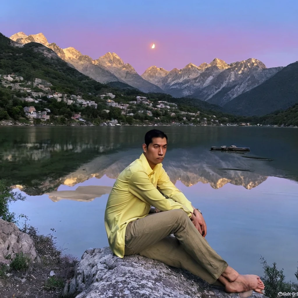 Side view, an man's face glances at the camera, very sad expression, yellow long-sleeved shirt, beige jeans, sitting on a rock, knees propped up, hands resting on his chin, bare feet, twinkling stars in the sky. Big pink moon behind the mountains. The calm lake reflects the night. realistic scenes, details, Photorealism, 16k