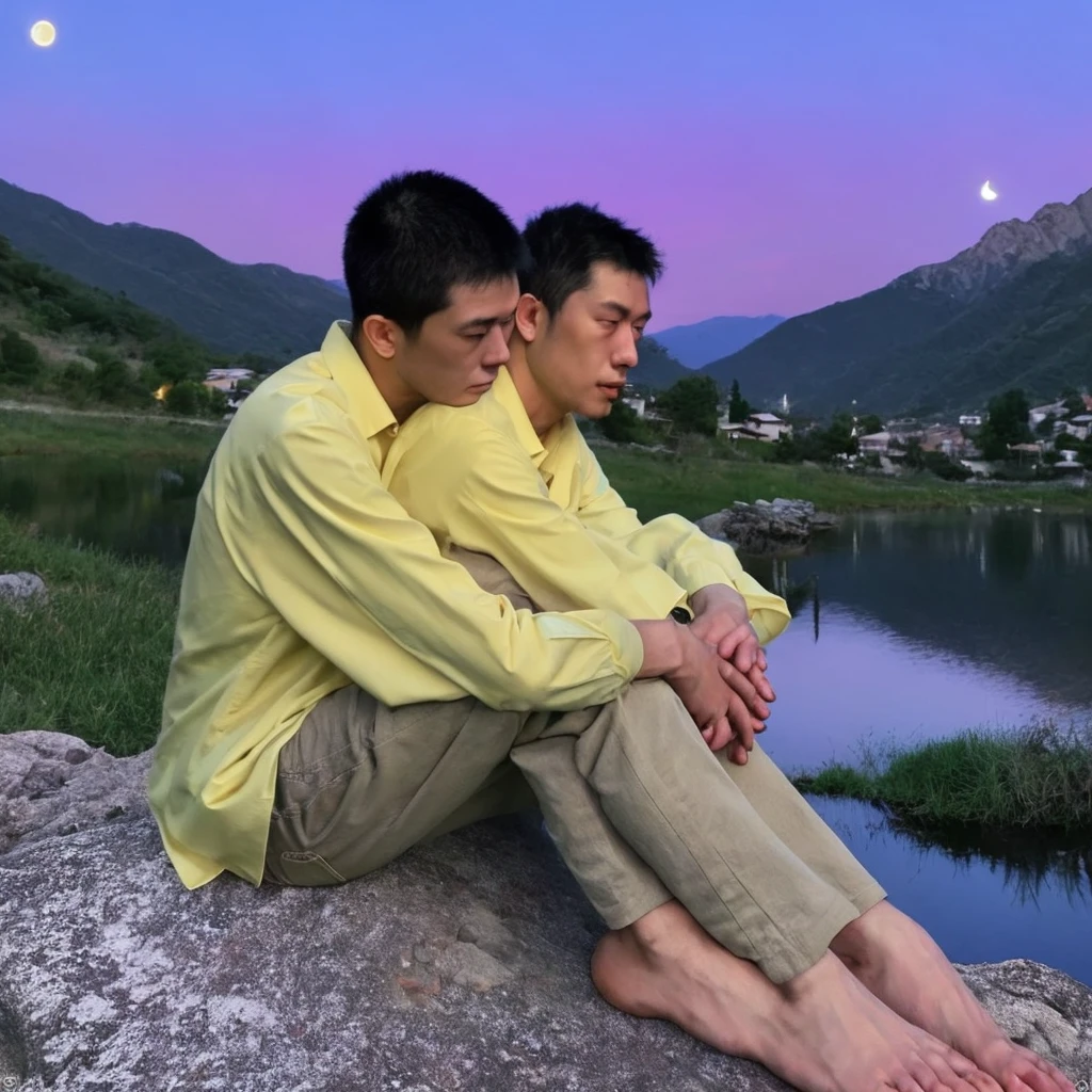 Side view, an man's face glances at the camera, very sad expression, yellow long-sleeved shirt, beige jeans, sitting on a rock, knees propped up, hands resting on his chin, bare feet, twinkling stars in the sky. Big pink moon behind the mountains. The calm lake reflects the night. realistic scenes, details, Photorealism, 16k