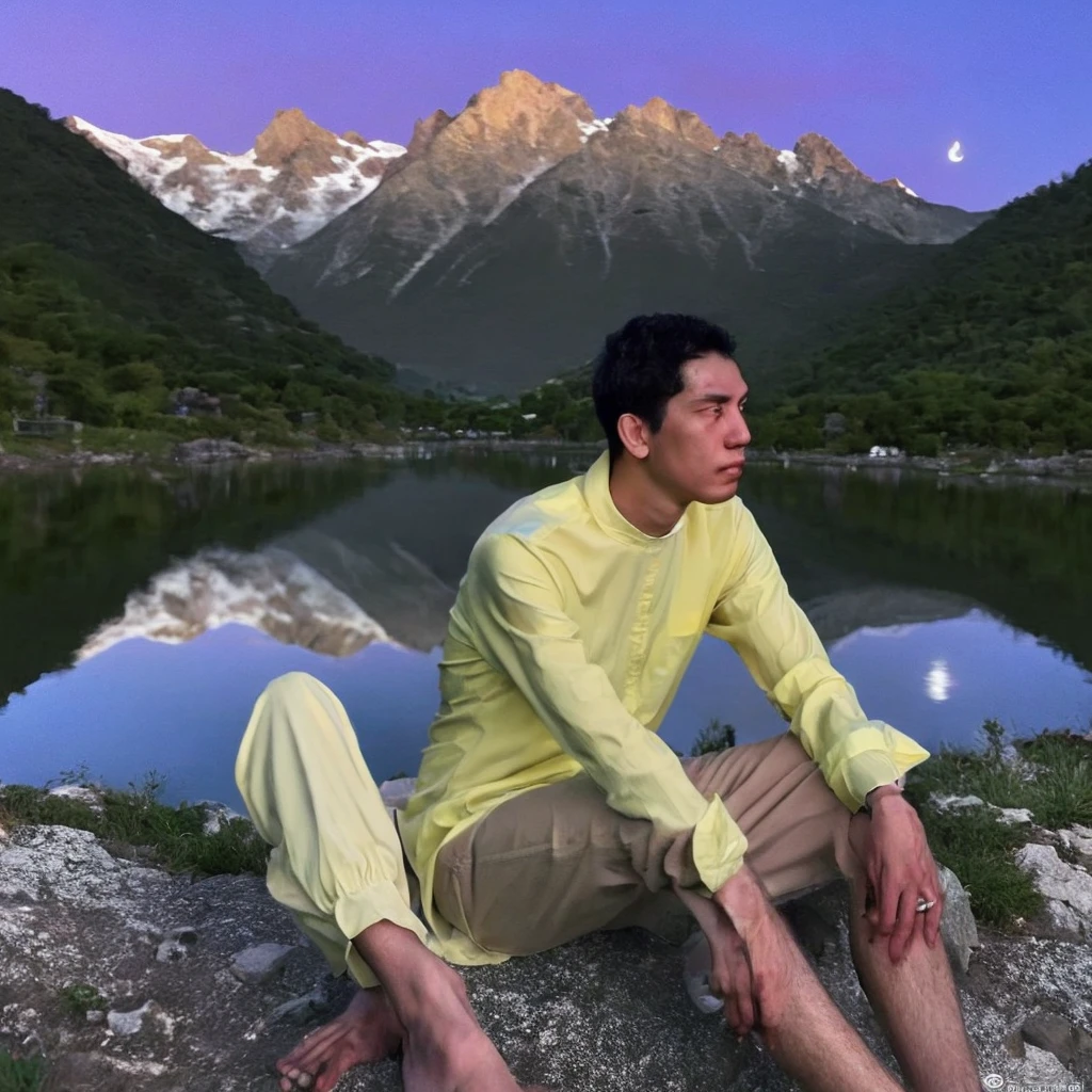 Side view, an man's face glances at the camera, very sad expression, yellow long-sleeved shirt, beige jeans, sitting on a rock, knees propped up, hands resting on his chin, bare feet, twinkling stars in the sky. Big pink moon behind the mountains. The calm lake reflects the night. realistic scenes, details, Photorealism, 16k