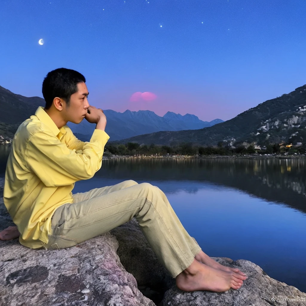 Side view, an man's face glances at the camera, very sad expression, yellow long-sleeved shirt, beige jeans, sitting on a rock, knees propped up, hands resting on his chin, bare feet, twinkling stars in the sky. Big pink moon behind the mountains. The calm lake reflects the night. realistic scenes, details, Photorealism, 16k