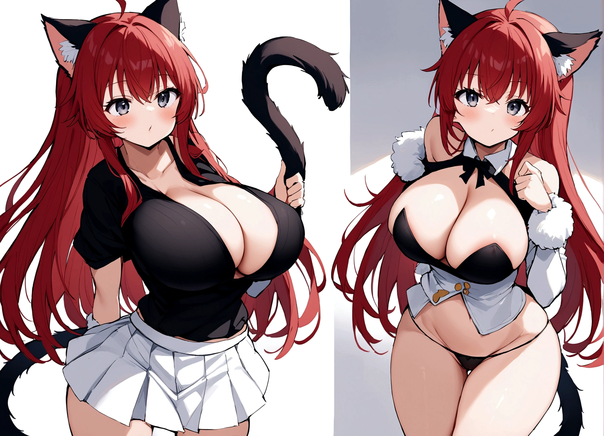 I am Hikaru, I am a white furred cat woman with long red hair along with cat ears and light black eyes with a black cat tail. I am 1.60 cm tall and weigh 46 kg, my breasts measure 300 cm, my waist 60 cm and my hips 200 cm. Dressed in a white mini skirt revealing the black thong I was wearing along with a short, tight black top. With big breasts 300 cm