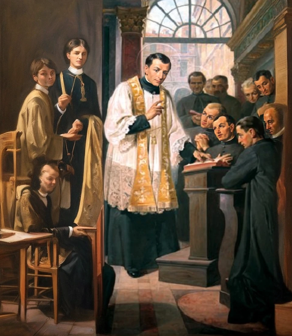 Por favor, expand this image with more priests in black cassocks and chairs for students in a typical early 19th century setting
