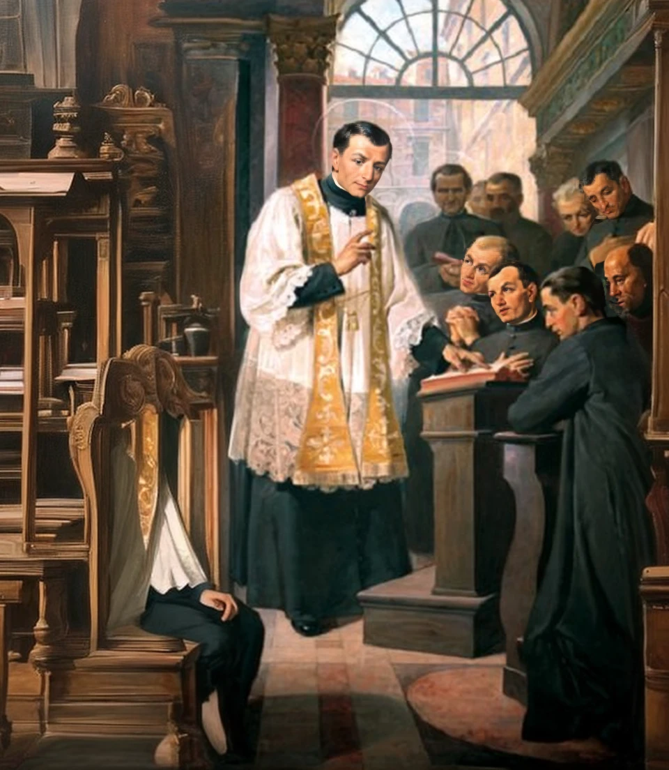 Por favor, expand this image with more priests in black cassocks and chairs for students in a typical early 19th century setting