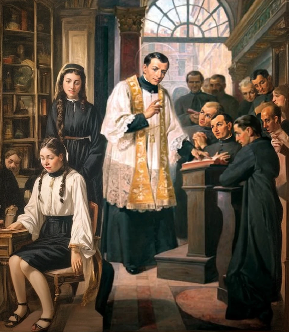 Por favor, expand this image with more priests in black cassocks and chairs for students in a typical early 19th century setting