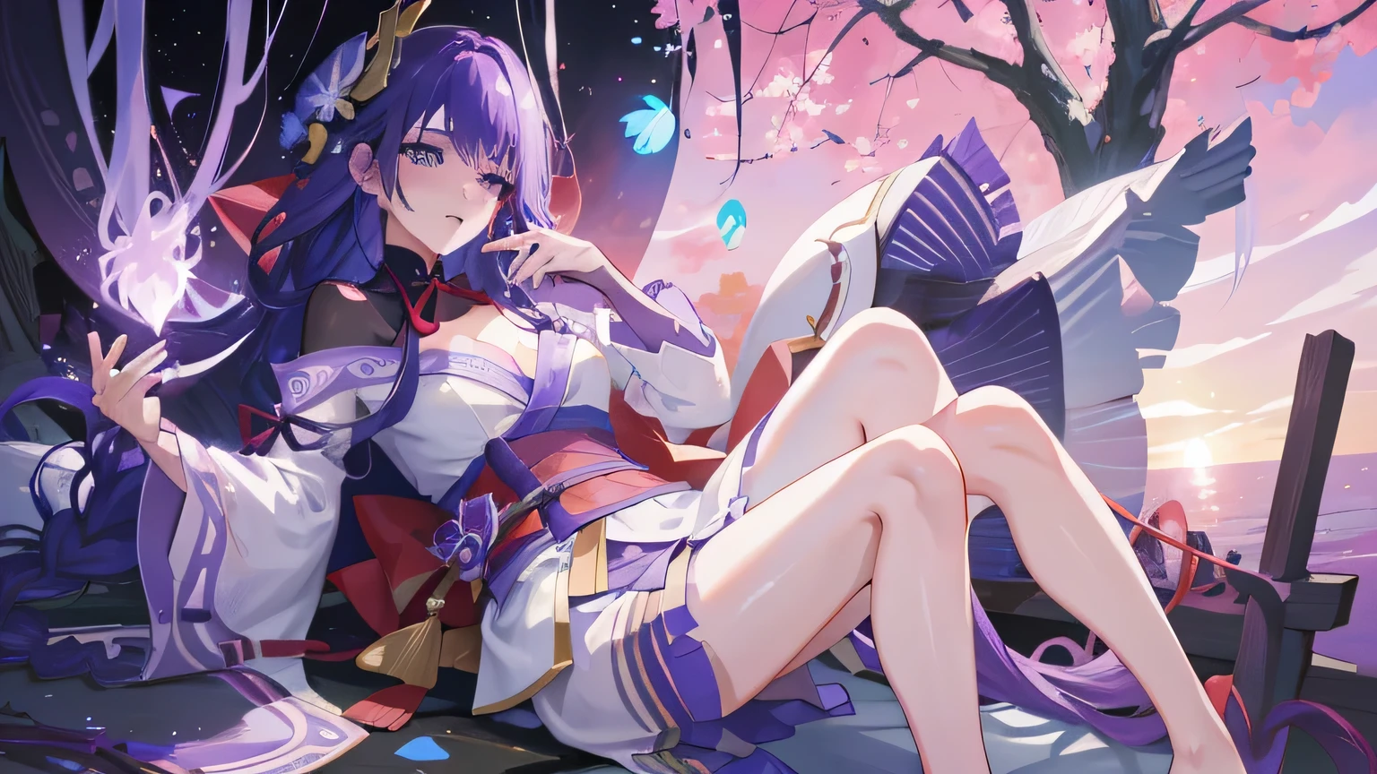 happy, bared legs, Japanese temple, (Highest Quality,masterpiece,8k wallpaper:1.2),((Pale skin)),1girll,Solo Woman,((Genshin_impact,Raiden general)),thunder light particles,Purple thunderbolt,Bright background,the cherry trees,purple color-theme,Delicate facial features,Sexy beautiful anime girl,Raiden general,Long purple hair,rosy lips,Anime mouth,Keep one's mouth shut,A sexy mature woman,(Severely melancholy face),Detailed eyes,busty figure,((solo)),lying