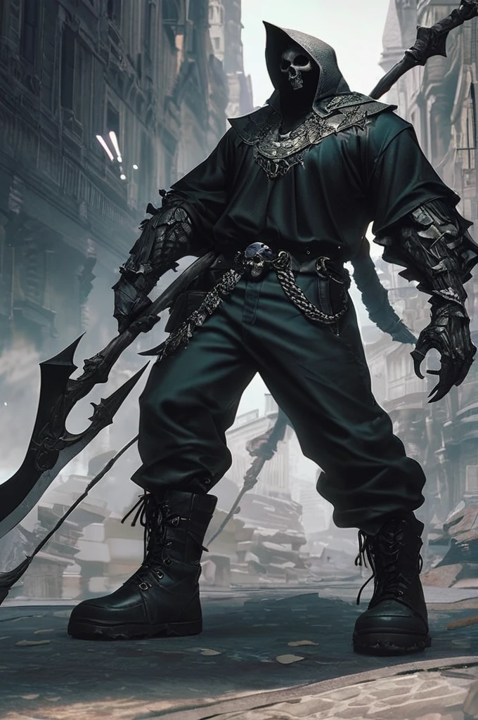 ((Лучшее качество)), ((шедевр)), (подробный), guy, white skull instead of a face, (skull:1,8) , athletic build, (athletic build:1,1), black t-shirt with a skull, open black robe, black cargo pants, high boots, demonic scythe,(demonic combat scythe:1,9), !gothic style, !the background is a gothic dark city
