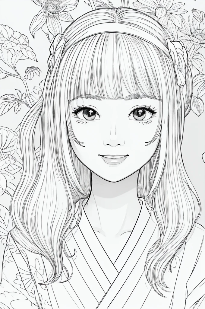 Please create a realistic ukiyo-e illustration of a cute, smiling woman in a kimono that conveys Japanese culture in various poses with a Japanese garden in the background, using a simple black and white coloring book that even children can do. The illustration is a illustration with detailed facial features and cartoon-style visuals, (high contrast, sketch, monochrome, clean line drawings for coloring book:1.5)
