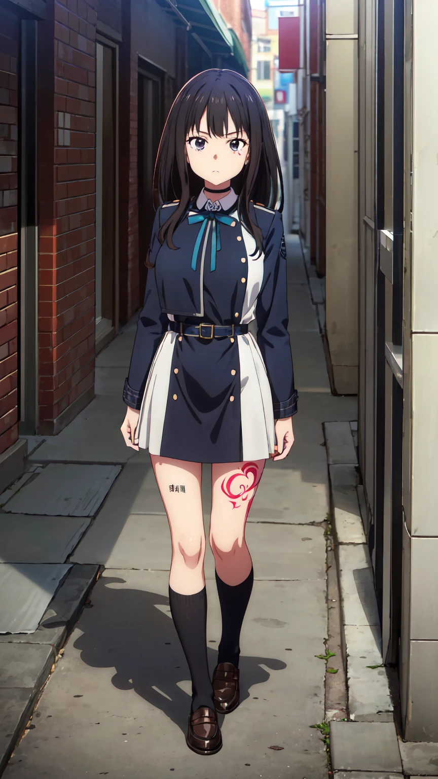(((Pixel Perfect, Perfect in every detail))), alone, 1 personの女の子, Inoue Check, Licorice Uniform, View your viewers, Mouth closed, (((Pixel Perfect, Perfect in every detail))), alone, 女の子1 person, Chisato Nishikigi, Uniform sake, Looking at the audience, 1 personの女の子, alone, chest, Neck ribbon, Collared shirt, Uniform sake, Two-tone micro mini dress, Blue Dress, Long sleeve, Red Belt, (((1 personの女の子))),(((alone))),(((1 person))).loafers、Black socks、女の子1 person, whole body,(Looking up:1.4) alley, Contact us, Talk to your audience、Are Are standing、, 1 Girl}} Are standing,,{Show Viewer,, tattoo, High heels, saliva, tattoo、顔を強調するAre standing、Shaving, (下腹部のtattoo:1.5), (ハートのtattoo:1.5), (belly but ton: 1.1), 女の子1 person, whole body,choker、slave、 Big Breasts、chestの膨らみ,big、Expressionless、(Blacknee-length socks:1.4)
