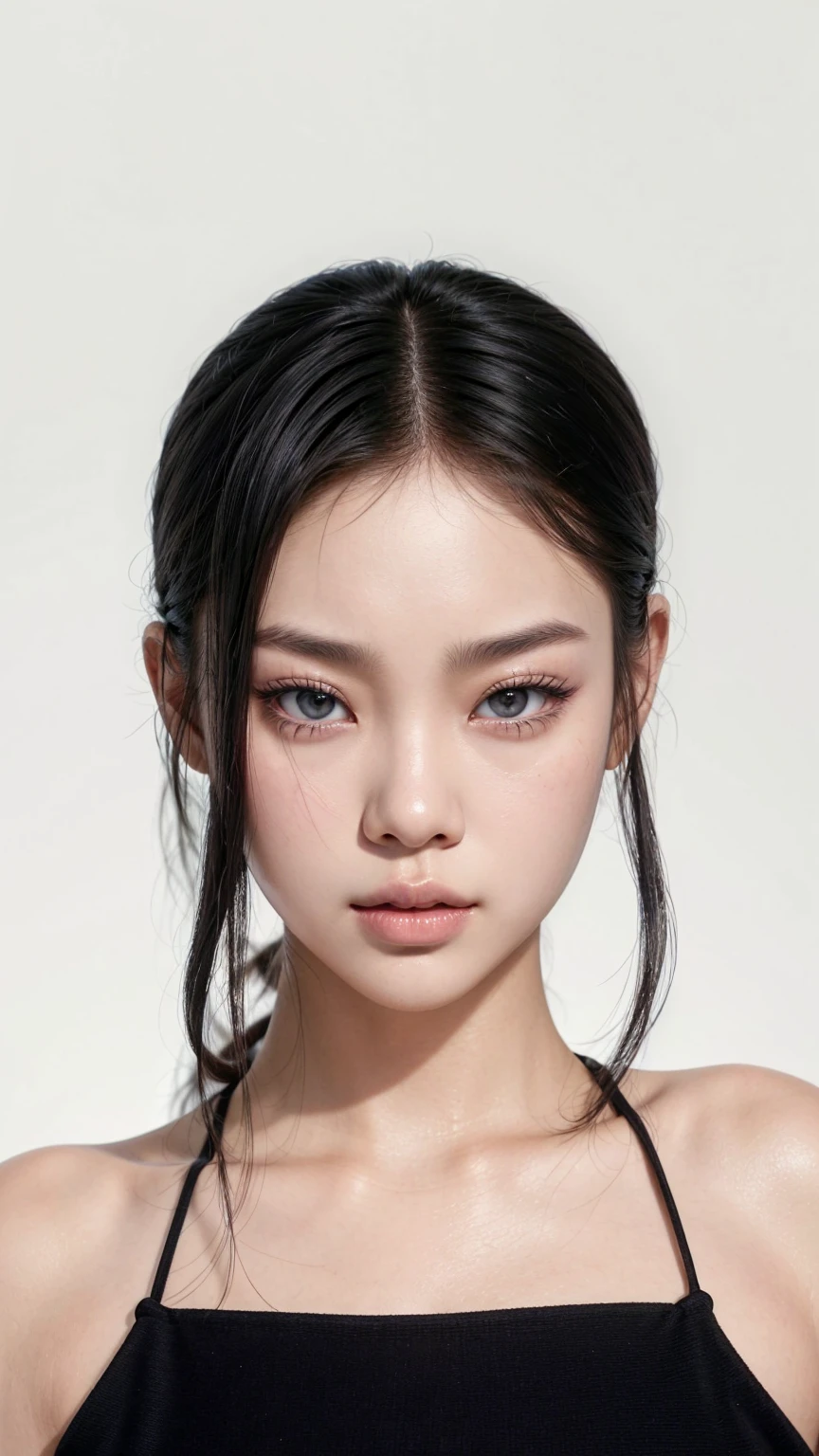 a close up of a woman with a black top and a black top, blackpink jennie, yanjun chengt, heonhwa choe, korean symmetrical face, kwak ji young, korean face features, lee ji - eun, lee ji-eun, jaeyeon nam, asian face, asian features, jingna zhang, jiyun chae, taejune kim