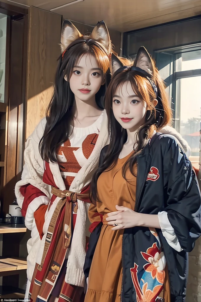 Person in the photo: This person has long hair and is wearing a pair of fake fox ears on his head. She wears a seemingly elaborate outfit with red and blue patterns, matching the fox's colors and theme.
Fox: The fox has characteristic orange fur, with a large head and ears. It also wears an outfit similar to that of the person holding it.
Backdrop: The background scene appears to be inside a room with natural light streaming in, creating a warm and welcoming space.
Both the human and the fox seem very cute and harmonious with each other in similar outfits, creating a feeling of closeness and harmony between the two subjects.