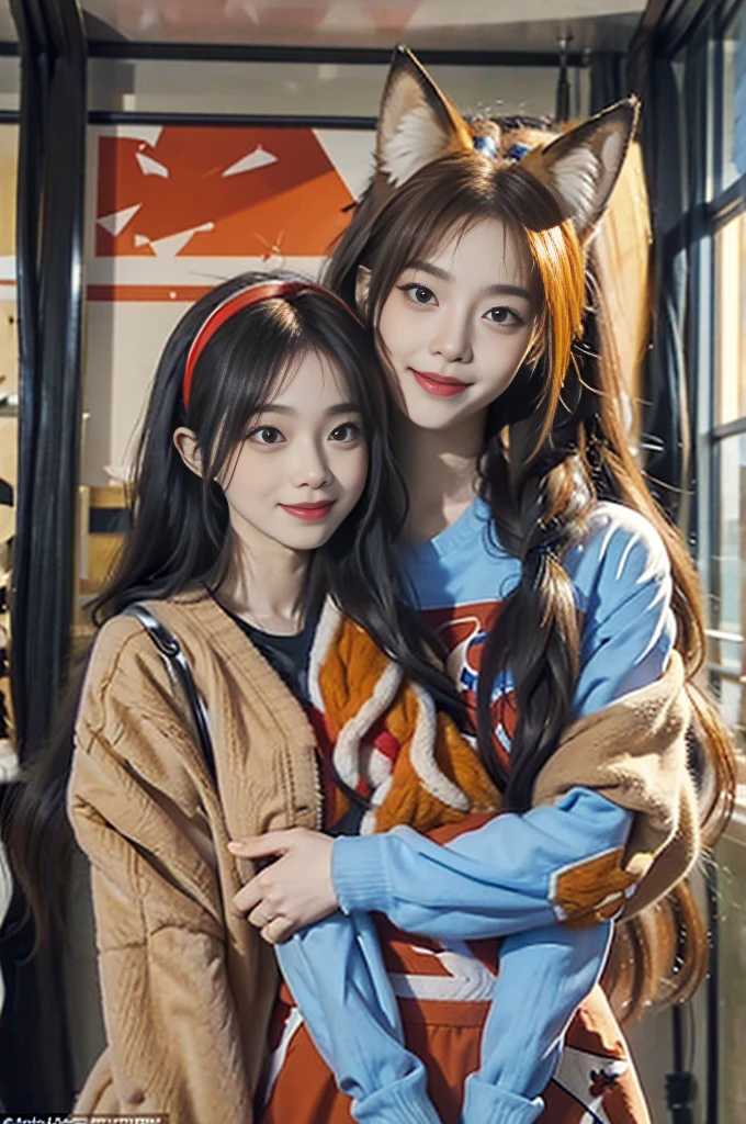 Person in the photo: This person has long hair and is wearing a pair of fake fox ears on his head. She wears a seemingly elaborate outfit with red and blue patterns, matching the fox's colors and theme.
Fox: The fox has characteristic orange fur, with a large head and ears. It also wears an outfit similar to that of the person holding it.
Backdrop: The background scene appears to be inside a room with natural light streaming in, creating a warm and welcoming space.
Both the human and the fox seem very cute and harmonious with each other in similar outfits, creating a feeling of closeness and harmony between the two subjects.