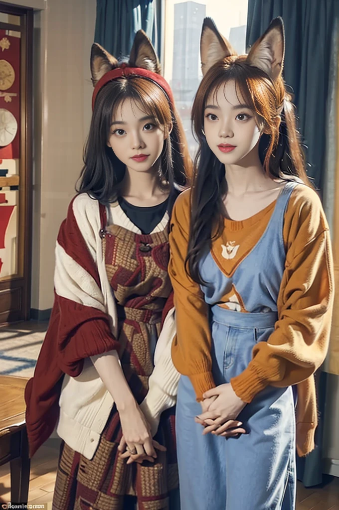 Person in the photo: This person has long hair and is wearing a pair of fake fox ears on his head. She wears a seemingly elaborate outfit with red and blue patterns, matching the fox's colors and theme.
Fox: The fox has characteristic orange fur, with a large head and ears. It also wears an outfit similar to that of the person holding it.
Backdrop: The background scene appears to be inside a room with natural light streaming in, creating a warm and welcoming space.
Both the human and the fox seem very cute and harmonious with each other in similar outfits, creating a feeling of closeness and harmony between the two subjects.