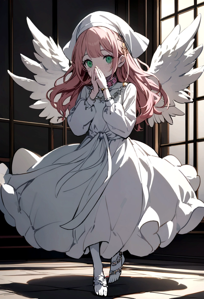 Sibyl has long ginger hair going to her ankles, light green eyes, milky white skin, she has freckles covering her face and entire body, she has a set of medium sized angel wings, and a pair of wings on the tips of her ears, she wears long flowing white dresses, with long sleeves that go passed her hands, her jewelry consists of a large pink and white rosary worn around hair waist, a nun like head scarf on her head, and a white and pink collar.