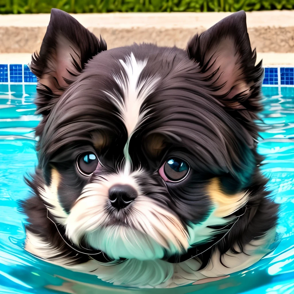 cute two black Shih Tzu puppies, swimming in the pool, smiling, detailed black eyes, barking, narrowed eyes, (best quality,4k,8k,highres,masterpiece:1.2),ultra-detailed,(realistic,photorealistic,photo-realistic:1.37),HDR,UHD,studio lighting,ultra-fine painting,sharp focus,physically-based rendering,extreme detail description,professional,vivid colors,bokeh,pet photography