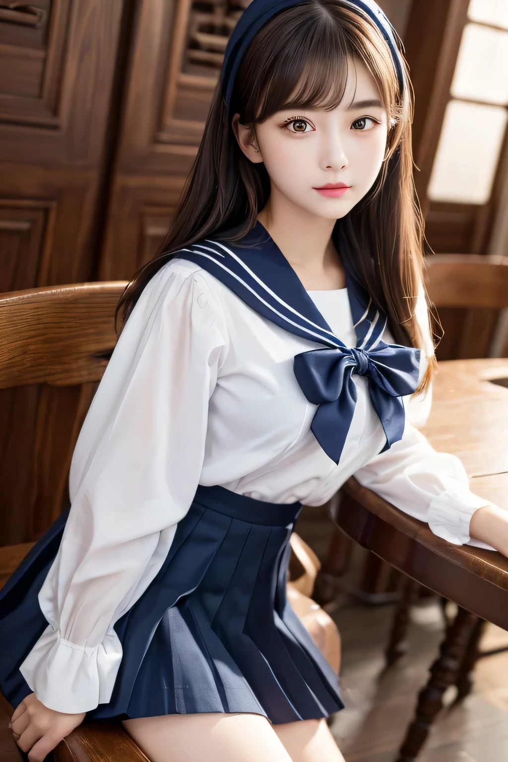 (Highest Resolution, clear_Image 1.2) 、(Beautiful girl with golden ratio face)、(Very lively eyes、wolf eyes 1.2)、wonderful, Tabletop, Attention to detail, Lip gloss、Very beautiful girl、 alone, Beautiful girl like a model、Sailor suit、Pleated skirt