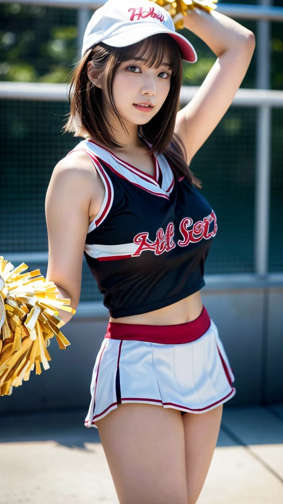 masterpiece, best quality, illustration, Super detailed, fine details, High resolution, 8K,wall paper, perfect dynamic composition,(Details High quality, realistic depiction of eyes:1.3), hotel room, (cheer girl:1.5),(a miniskirt, baseball cap), to stand、large breasts,short bob hair, black hair color, Big Natural Color Lip, bold sexy pose, crying a little、Harajuku style、20 year old girl、cute type、ta、beautiful legs, hposing Gravure Idol