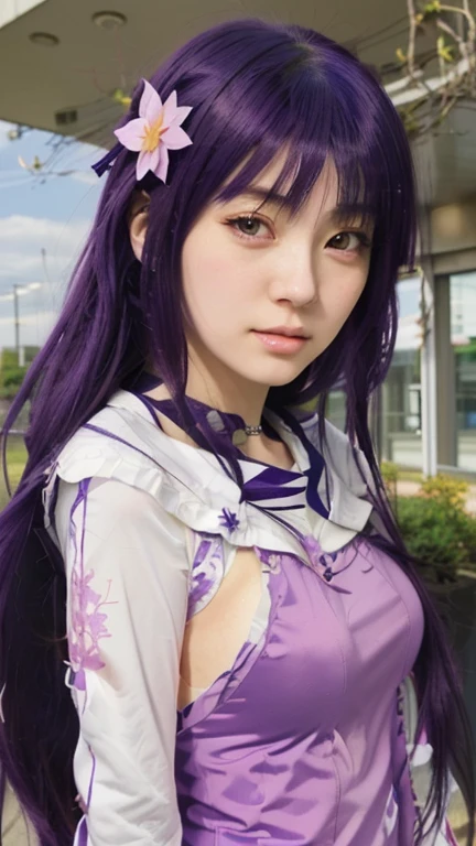 anime girl with long purple hair and purple top standing in front of a building, hinata hyuga, hinata hyuga from naruto, misato katsuragi, anime best girl, anime visual of a cute girl, kimi takemura, kotegawa yui, iwakura lain, hana yata, yuyushiki, anime girl of the future