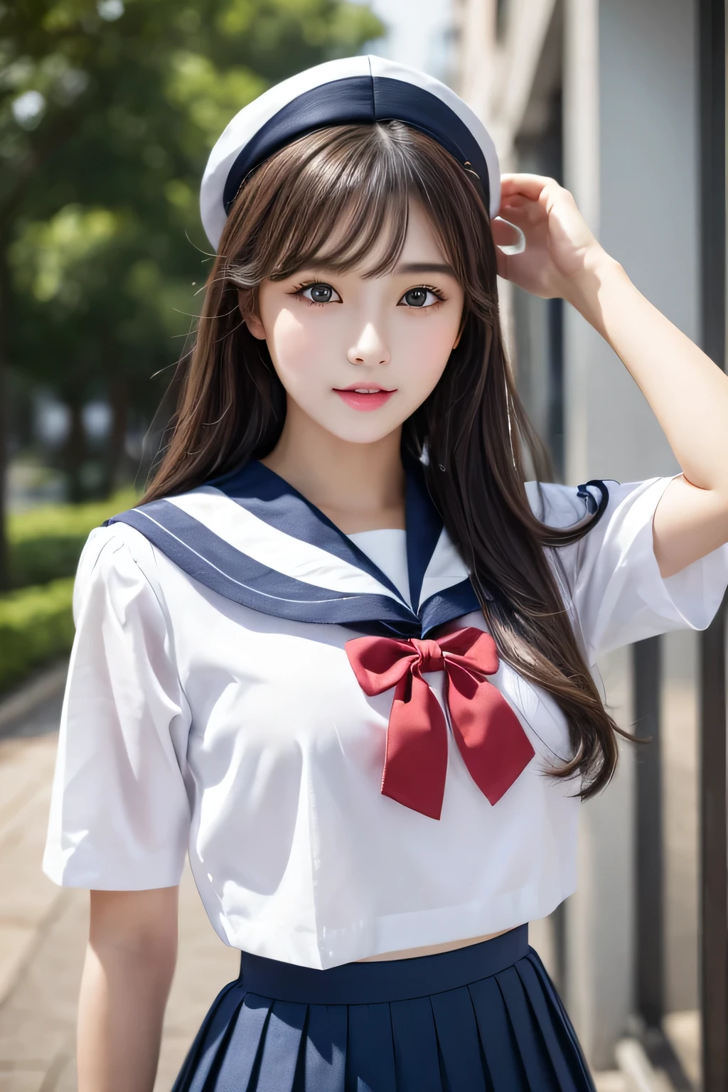 (Highest Resolution, clear_Image 1.2) 、(Beautiful girl with golden ratio face)、(Very lively eyes、wolf eyes 1.2)、wonderful, Tabletop, Attention to detail, Lip gloss、Very beautiful girl、 alone, Beautiful girl like a model、Sailor suit、Pleated skirt