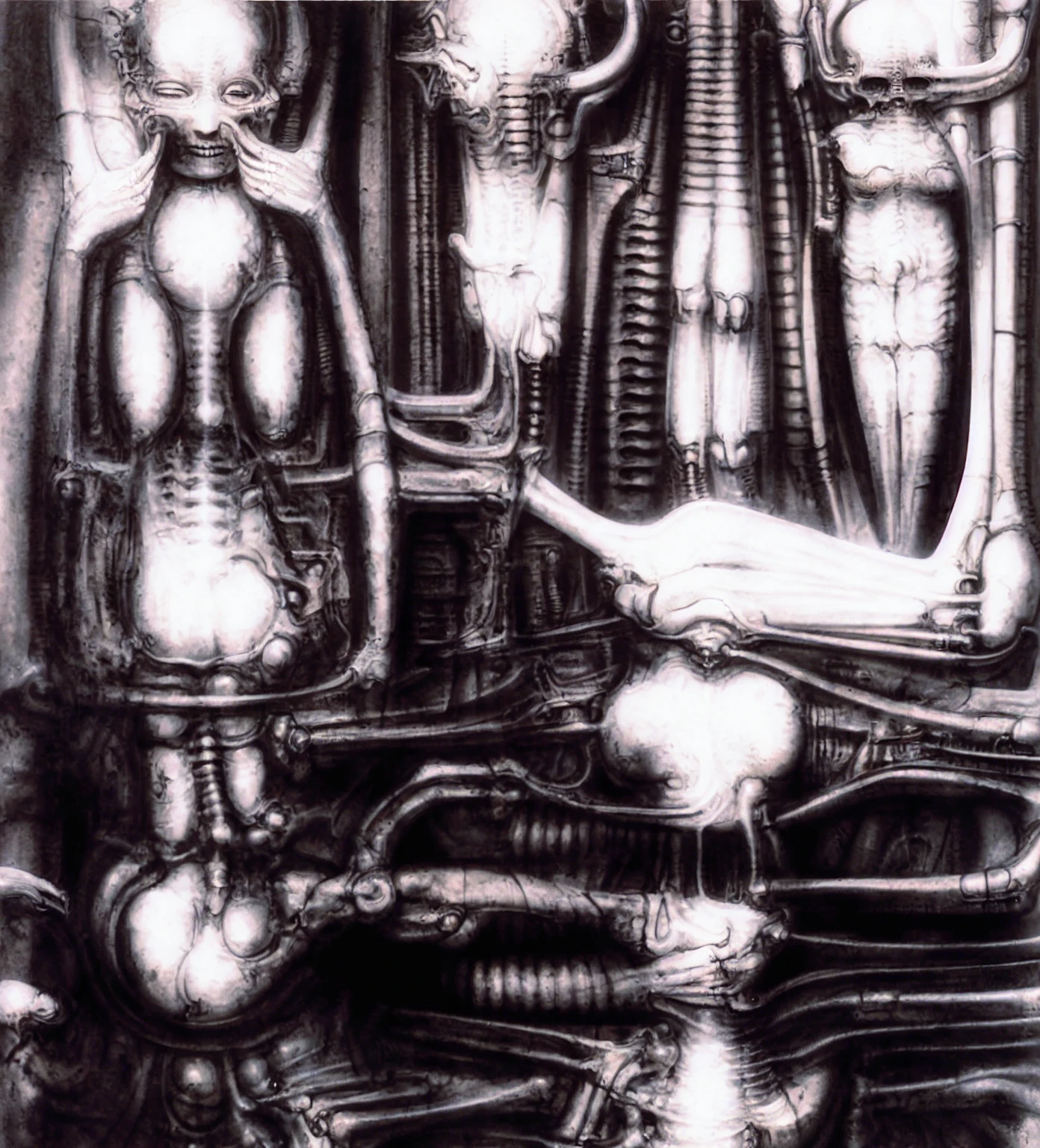 HRGigerArhP style, biomechanoid style, nsfw, Giger_style, The image is a detailed view of H.R. Giger's \" Li II \" plate, featuring a complex network of bones and organs in a purple-brown hue ,swirling gray and brown colorsgroup of three alien figures positioned in the foreground. Emaciated and skeletal, with hollow eyes, they appear to be constructed from bone and metallic elements, a characteristic fusion of organic and mechanical forms found in Giger's biomechanical art.
The image features a surrealistic painting featuring a woman with a skull for a head, surrounded by monstrous, tentacled beings., standing in a room with a glowing screen displaying the word \"EVE\" and a hand reaching out to touch its face. The background is a dark and limited space painted in a uniform blue-green color. This lack of detail keeps the focus on the figures and creates a sense of mystery about their environment. Receding into the distance are a series of arches and tunnels that hint at a larger biomechanical landscape, possibly the work of the creatures themselves The artwork is silver and purplish brown, with an ivory bones prominently displayed.
This piece is likely created using pen and ink wash. The fine lines used to outline the foreground figure and the textures on the floor are consistent with pen and ink work. The background shows areas of flat tone and shading, which could have been achieved using a wash of ink or watercolor. The artwork leans heavily on dark surrealism. The central figure is humanoid but distorted, with an elongated head and insect-like protrusion on its back. The scale of the figure in relation to its surroundings is unnatural, further contributing to the surreal atmosphere. There are subtle influences of biomechanical art present. The organic form of the humanoid figure is integrated with technological element