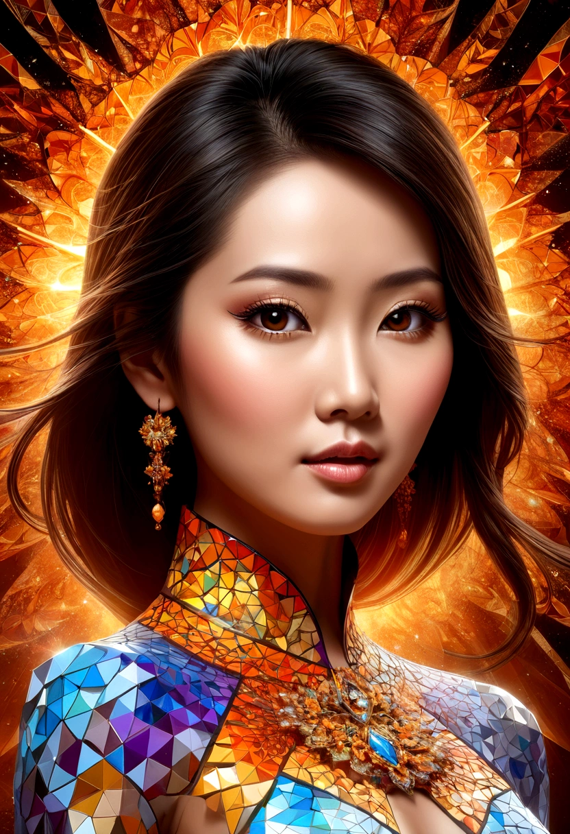 Thai women'face(มีเพียงfaceที่อ้าปากกว้างเท่านั้นที่กรีดร้องด้วยความโกรธ.),explosion of parts The body is a 3D cube. , mosaic art, Masterpiece, bright colors, , Highly detailed, , fractal art, , 8K, geometric concept art, sharp line,The background is an explosion of geometric bars..