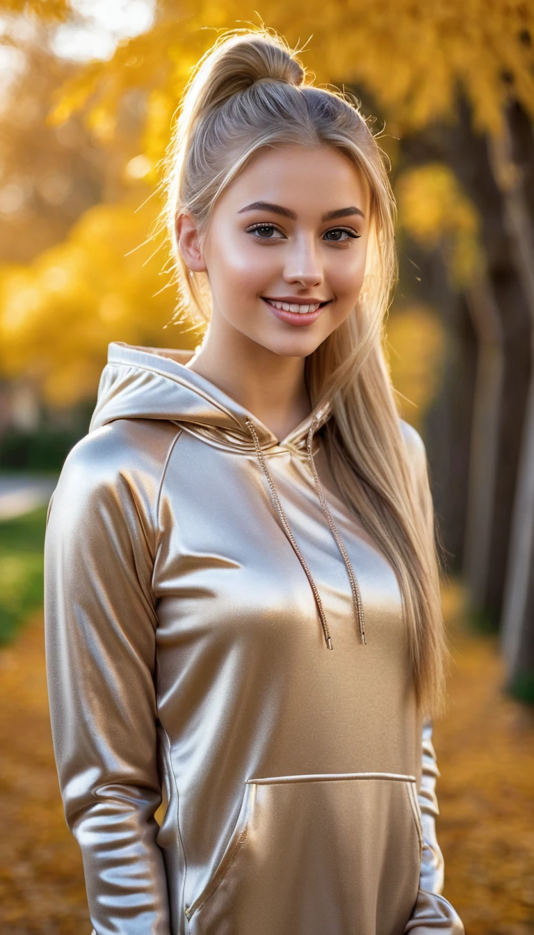 ultrarealistic high quality full body photo of a beautiful busty slim european 18-year-old woman with cute hyperdetailed shy face and natural blonde straight long ponytail and shy smile , realistic round hazel eyes, natural lips, dark eye makeup with eyeliner, wearing shiny metallic bright golden hoodie dress, hourglass body, outdoor photography, tanned, nsfw