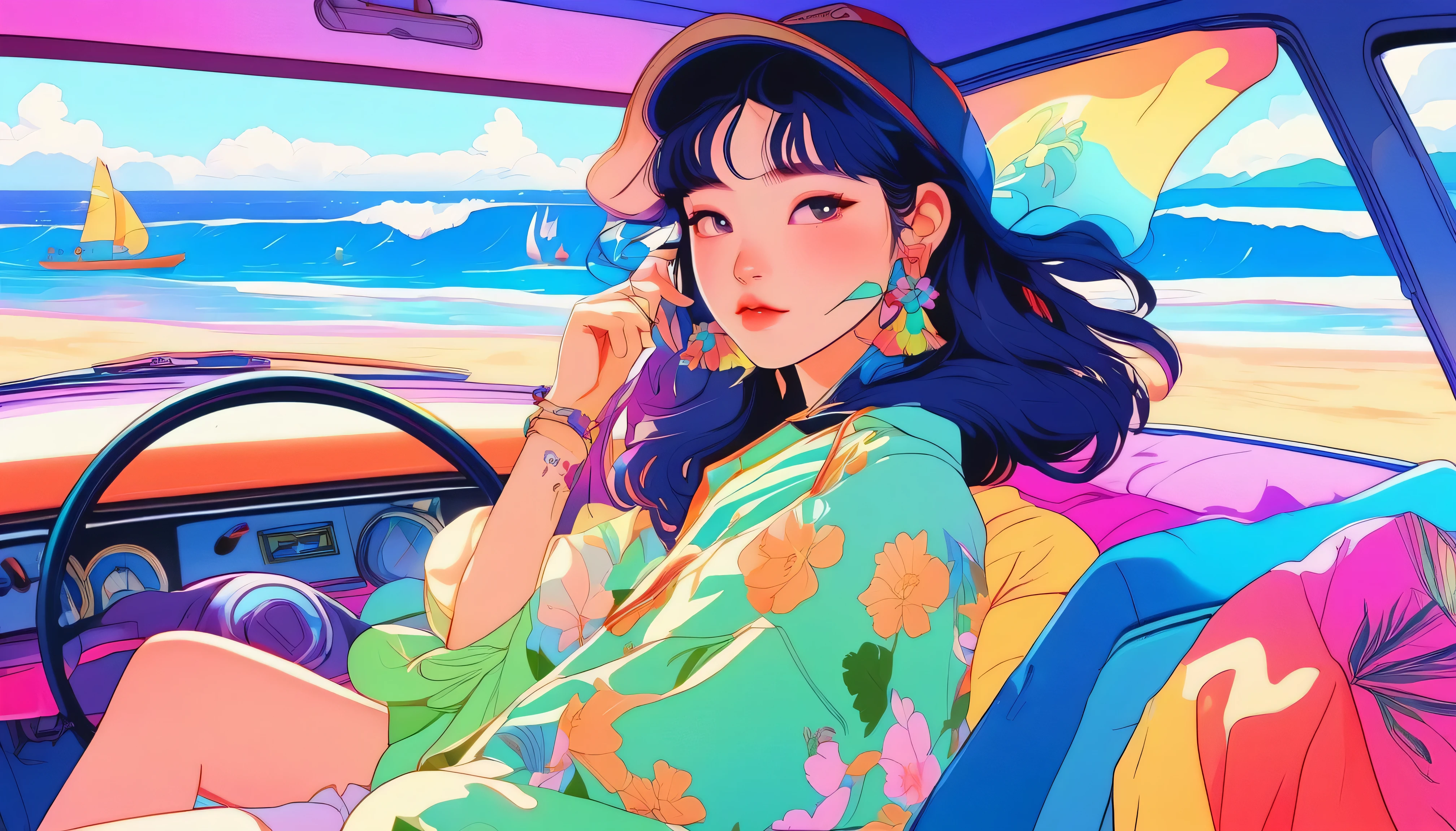 masterpiece, Highest quality, Rainbow Style, anime, Beautiful Asian Girl, K-Pop aesthetics and style, tattoo, tattoo - inspired, Sitting in a car, 80s American hippie style, Along the Hawaiian Coast, Cute and dreamy,anime,Illustrator,LOFI Girl,