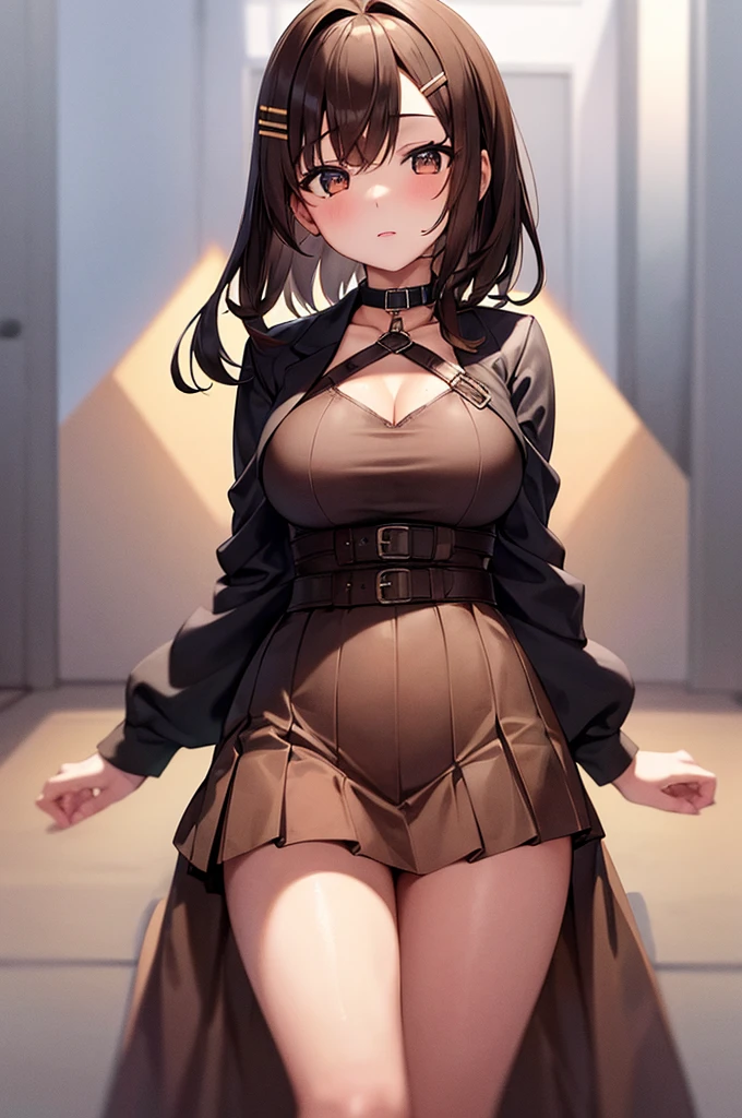 1girl, solo, brown hair, medium hair, hairclip, brown eyes, choker, schooul outfit with jacket, light skirt, large breasts, lustful face, fair skin