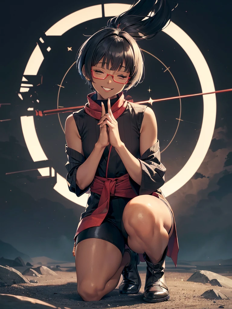 (flat chest:), (masterpiece:1.2), highest quality, High resolution, unity 8k wallpaper, (fine and beautiful eyes:1.6), highly detailed face, perfect lighting, Detailed CG, (perfect hands, perfect anatomy), (1 boy solo:1.4), 20 years old, black hair, extremely beautiful detailfeminine face and eyes, (evil smile:1.4), detailed eyes, best quality,( dark skin:1.8), (turtleneck shirt under yukata:1.2), (bike shorts:1.2), extremely detailed, very precise detailed, (glasses:1.3), blunt bangs, open mouth, (very short pixie cut:1.2), boots,fingerless gloves, smile, (half closed eyes:1.5),(burning ground:1.3), ,(magic circle on head:1.3) ,night sky,long sidelocks,(long red Scarf),(yukata),(squatting), ears,(acrobat pose:1.3),(squat:1.3),leaning forward,(one knee dwon:1.5),(Put one foot in front:1.3),(stylish pose:1.4),(Raise only index finger:1.1),(Joining hands:1.5),(retro artstyle:1.2), (1990s \(style\)),