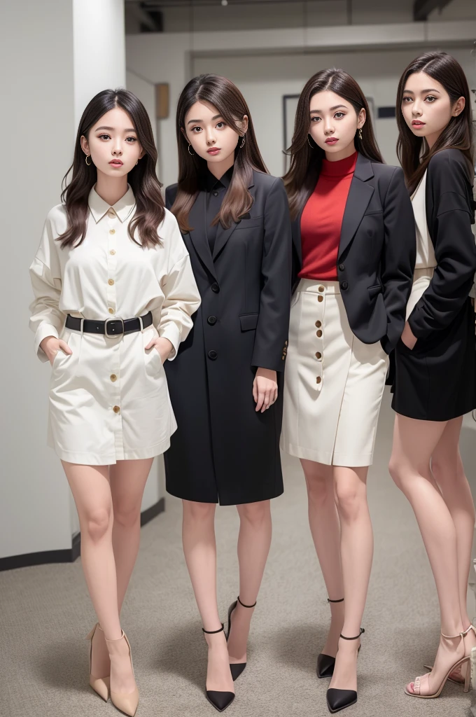 In front of a large wall、arms behind back　、　a picture、realisitic、Beautuful Women、jaket、Button shirt、tight skirts、high-heels、A detailed face、Detailed lips、A detailed eye、luslous skin、One Person、red lipsticks
