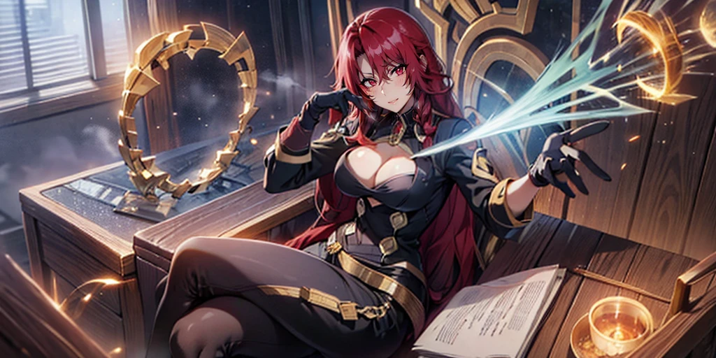(long hair, red hair:1.3), braid, red eyes, anatomically correct, heavy breathing, mature female, breasts, 1girl, gloves, large_breasts, solo, cleavage, looking_at_viewer, crossed_legs, sitting, chain, black_gloves, cup, drinking_glass, jewelry, indoors, wine_glass water drop, reflective, (fog:1.3), fireflies, hollow eyes, bright pupils, red eyes, looking at viewer. glowing eyes heavy breathing, seductive smile, (steaming face:1.3), blush face, lips,