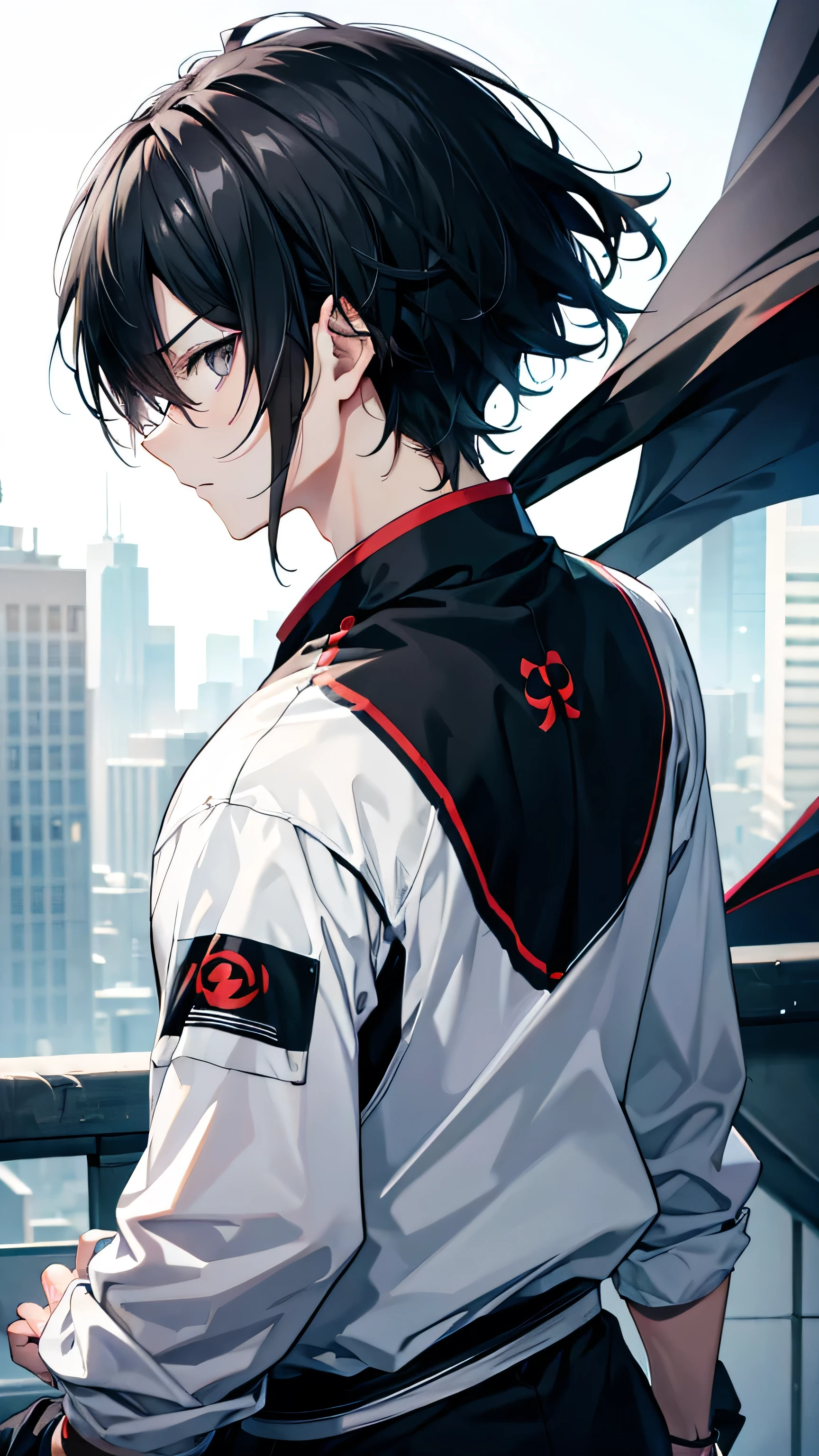 profile background, anime boy, serious face, black hair, grey eyes, martial arts clothing, high-res portrait, detailed eyes and face, character, fantasy, advanced urban, looking from behind at viewer, 4K, high resolution