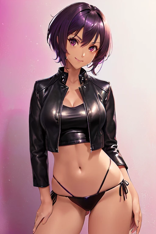 ((tanned adult woman), short purple hair, Eyes red, purple top, leather jacket, (black leather panties), Scrawny, smirk, open tummy, Breasts Open, black lipstick,standing backwards, looking at the camera masterpiece, high qualiy, Solar rear lighting))